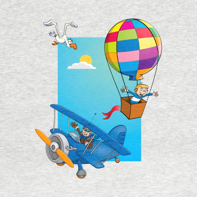 Drawing of a boy in a hot air balloon and a happy pilot in a blue airplane by Stefs-Red-Shop